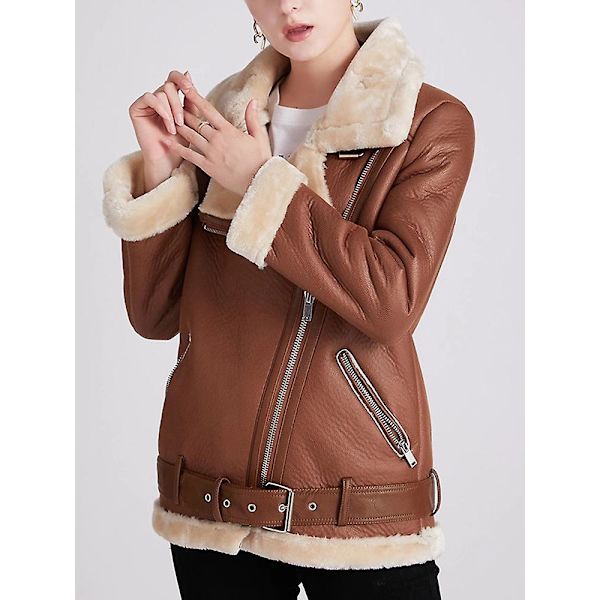 Vinterjacka för kvinnor, tjock konstläder, päls, fårskinn, damjacka, päls Brown XL