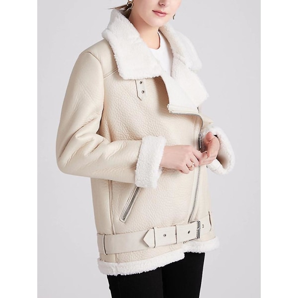 Vinterjacka för kvinnor, tjock konstläder, päls, fårskinn, damjacka, päls Beige M