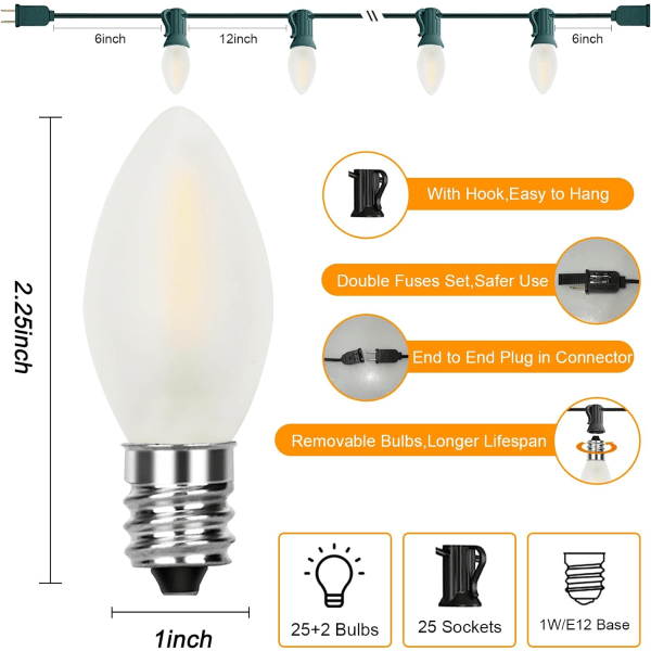 Pallerina C7 LED julbelysning 25Ft Flerfärgad julsnöre Lig Frosted White