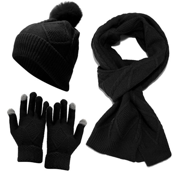 Håll dig varm i vinter Vinterkabel Stickad lång halsduk Mössa Handskar Vantar Set Black