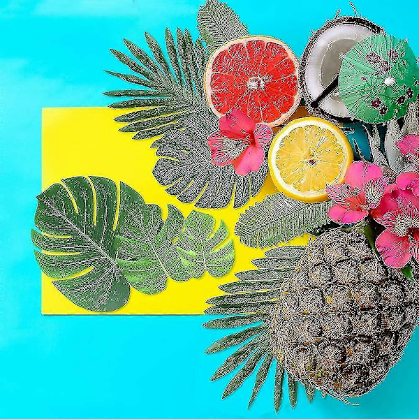 Set med 60 konstgjorda tropiska palmblad, Monstera-blad med stjälkar för safari- eller tropiska festdekorationer