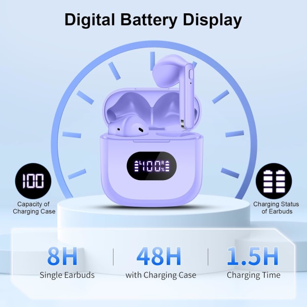 Trådlösa Hörlurar, V5.3 Bluetooth Hörlurar 48H Spela LED Batteri D Purple