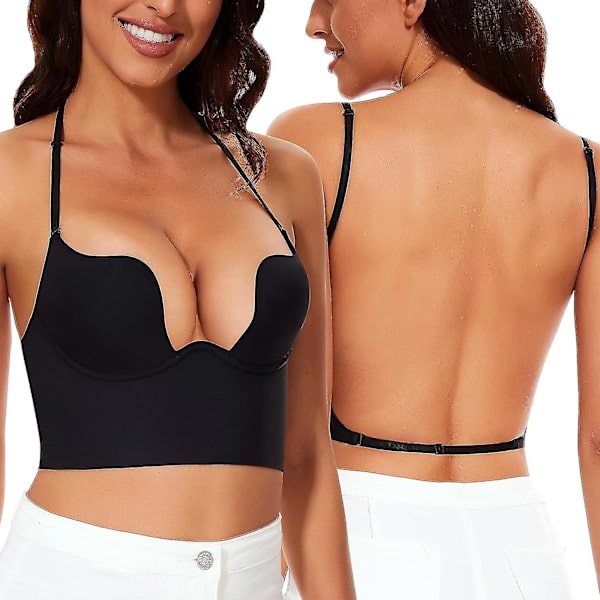 Behåar med låg rygg för kvinnor - sömlösa Deep U Plunge Backless BH Convertib Black 36C