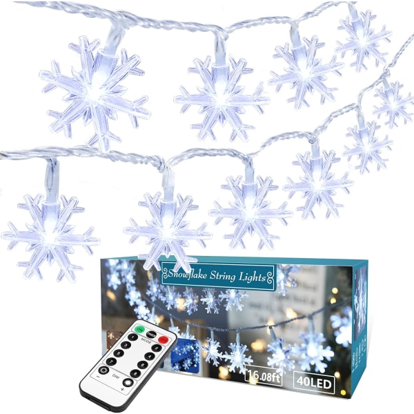 Snowflake Christmas Lights, 16.08ft 40 LED Christmas Lights med Remot Cool White