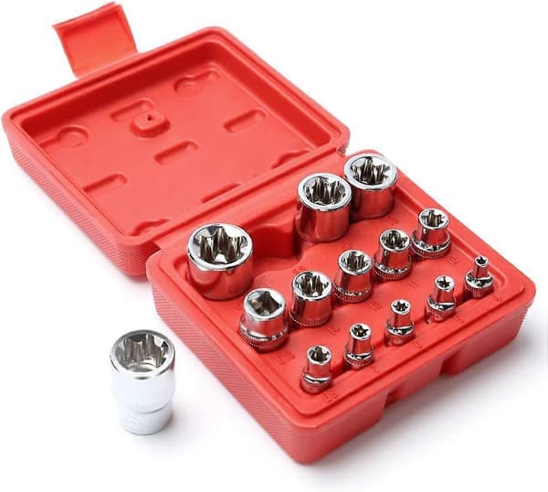 Set med 14 stjärnformade Torx-hylsor EI Typ Spärrskaftset I Hylsnyckelsats Profil E (Extern Torx) E4 - E24