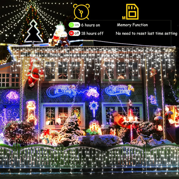 66 fot 640 LED Julbelysning Dekorationer Utomhus, 8 Lägen Gardin Fai Cold White 108FT 1216LED