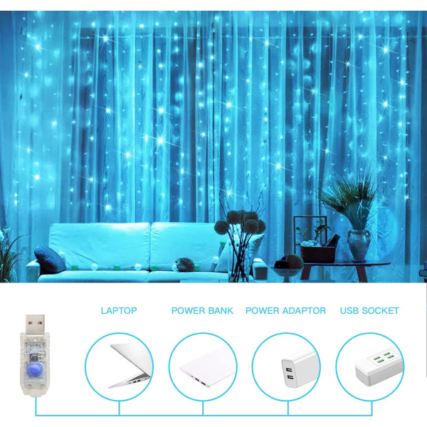 Gardinljus för sovrum, 200 led hängslinga utomhus vattentät Auqa USB-200 LED