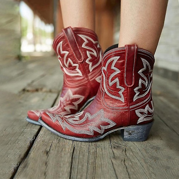 Dam Retro Broderade Western Cowboy Boots Spetsig tå Låg Blockklack Red 43