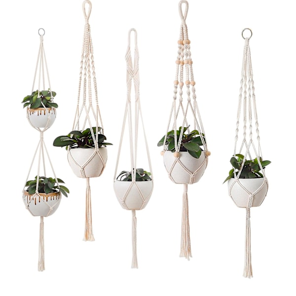 Set med 5 Macrame Blomhängande Planterare Boho Bomullsrep Växtställ för Inomhus- och Utomhusdekoration (Beige)