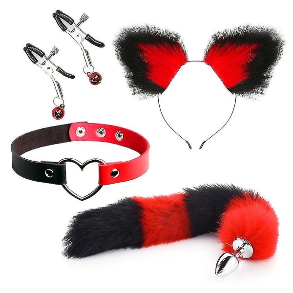 4st Sexig Fox Metal Butt Plug Tail med hårnålssats svans för Cou Röd och svart