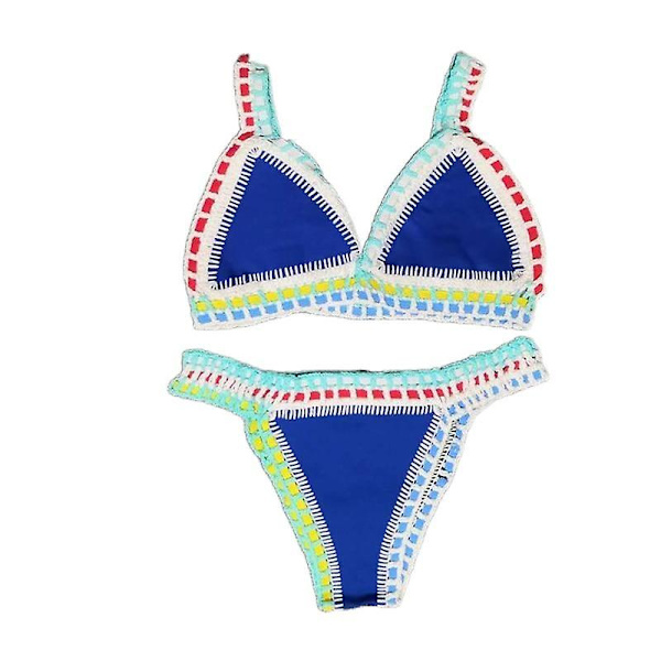 Sexig kvinnobikiniset, vändbar badkläder, låg midja, handgjord stickning Blue M