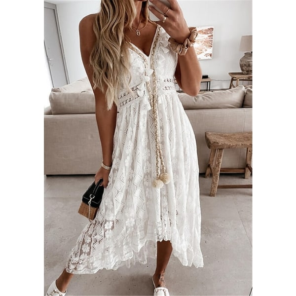 Dam Swing Dress Maxi lång Klänning Vit Beige Ärmlöst print White M