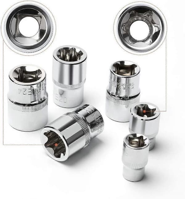 Set med 14 stjärnformade Torx-hylsor EI Typ Spärrskaftset I Hylsnyckelsats Profil E (Extern Torx) E4 - E24