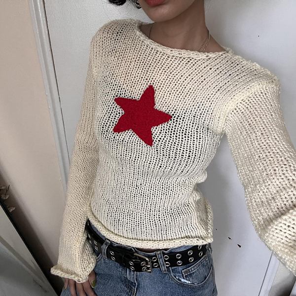 Star Crochet Knit Cropped Knit Top L