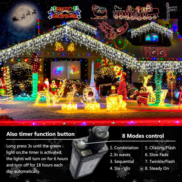 66ft 640 LED julbelysningsdekorationer utomhus, 8 lägen Gardinfai Cold White 66FT 640LED