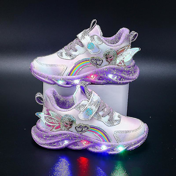 Girls Led Casual Sneakers Elsa Princess Print Outdoor Shoes Kids Purple P 24-insole 14.7cm