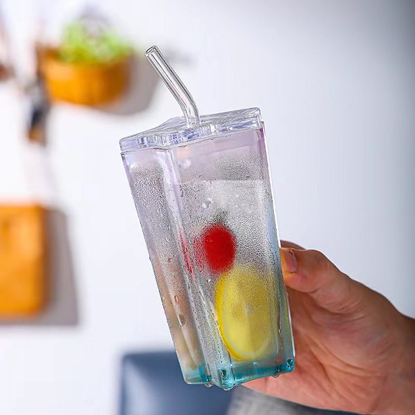 Kreativ Glasdrickskopp med lock och sugrör, trendig gradientdryck, juice, tekopp, mjölk, kaffeglas, 300 ml/10,6 oz blue