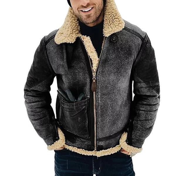 Vinterjacka i fårskinn och läder för män, tjock parkas med ullkrage dark grey m