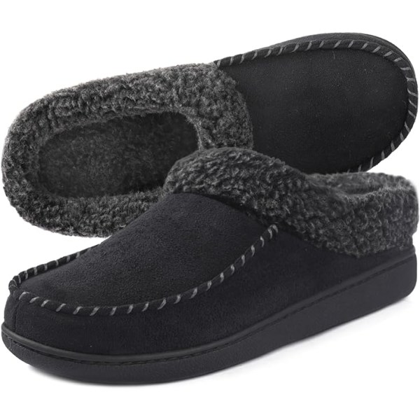 Mysig Memory Foam Moccasin Mockatofflor för män med Fuzzy Plush Wool-L Black 43