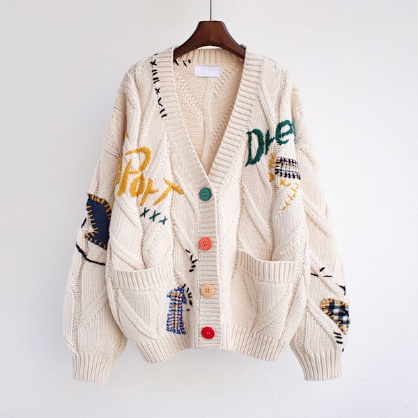 Stickad kofta med broderi för kvinnor, designad med V-ringning Off white