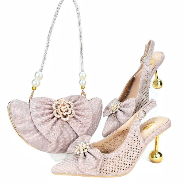 Italiensk Design Skor och Väska Set Högkvalitativ Handgjord Halvmåne-Rosett Skor Matchande Handväska - En Stilig Set För Alla Tillfällen Pink 40