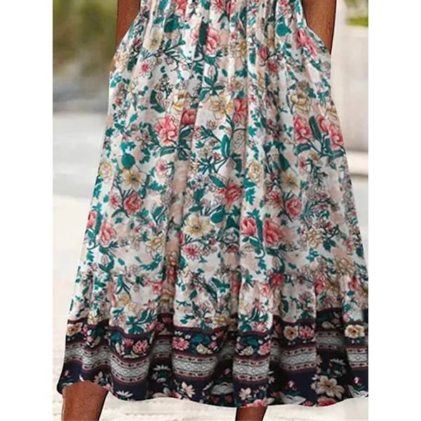 Sommarklänning för kvinnor, Casual, Boho, Blommig, Rynkad, Med Fickor Pink M