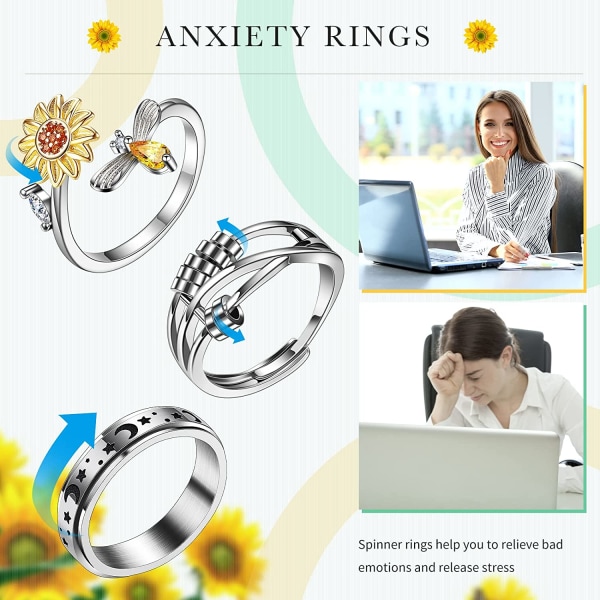 Silver Oro Rings för Kvinnor Män 3 Stl Justerbar Band Fidget