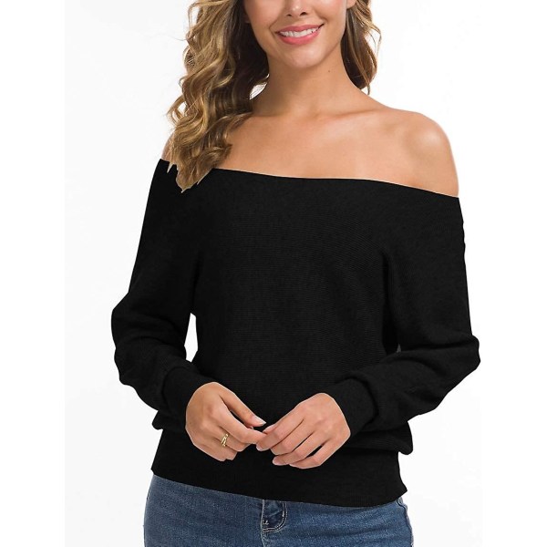 Feiersi Dam Off Shoulder Tröja Casual Långärmad Rundhalsad Topp 01 Black Small