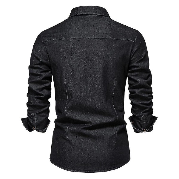 Essential Button Down långärmad tvättad jeansskjorta för män Black XL