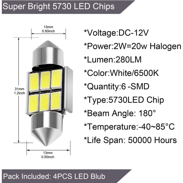 Autobulbs Festoon C5W LED-lampor 31mm 6000K Xenonvitt Ljus 6-S STYLE2