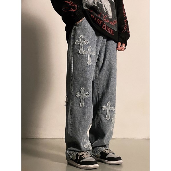 V-hanver Herr Streetwear Baggy Jeans Byxor Cross Hip Hop Herr XXL