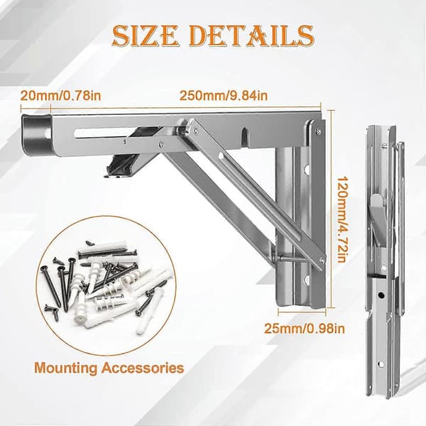 250mm Fällbart Konsol, Maxlast 80kg, Rostfritt Stål Fällbart Konsoljärn, Väggmonterat Hyllkonsol (2st)
