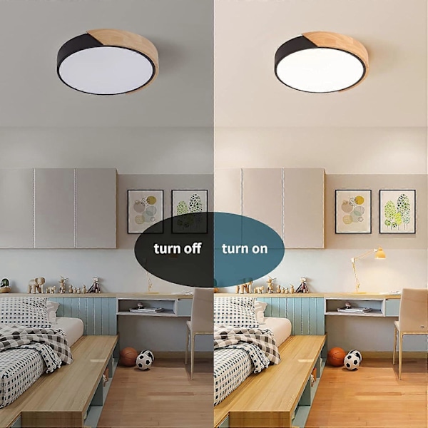 LED Taklampa, 24W Infälld Taklampa Svart Varmt Ljus 30CM 2400LM 3000K Modern Ultratunn Rund Träbelysning