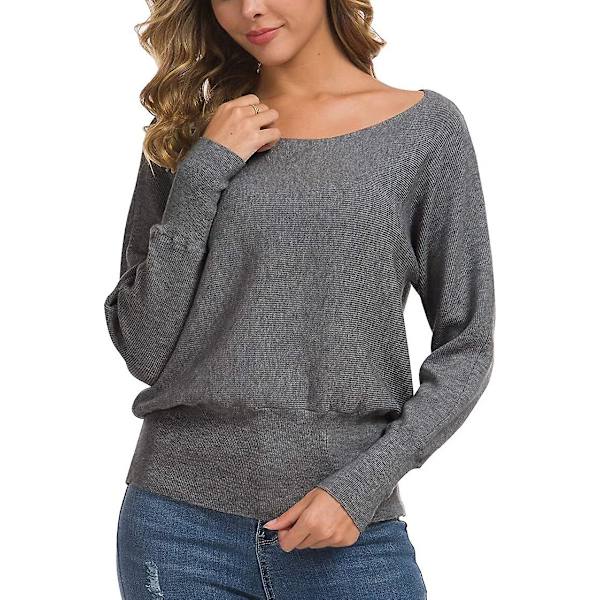 Feiersi Dam Off Shoulder Tröja Casual Långärmad Rundhalsad Topp 07 Dark Grey X-Small