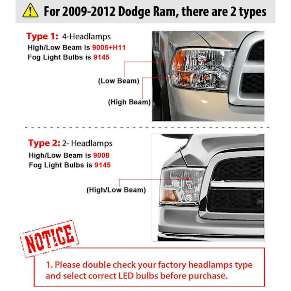 För Dodge Ram 1500 2500 3500 2-strålkastare 2009-2012 9008 Led Hög/låg B Year 4-Headlamps 2009-2012