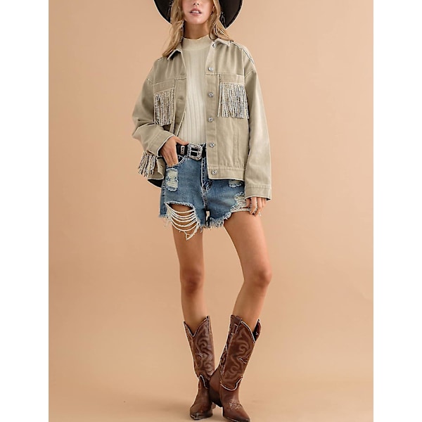 Damjeansjacka med lång ärm, fransar och strass, avslappnad, casual Khaki Large