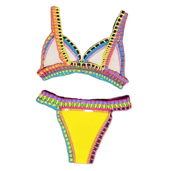 Sexig kvinnobikiniset, vändbar badkläder, låg midja, handgjord stickning Yellow M