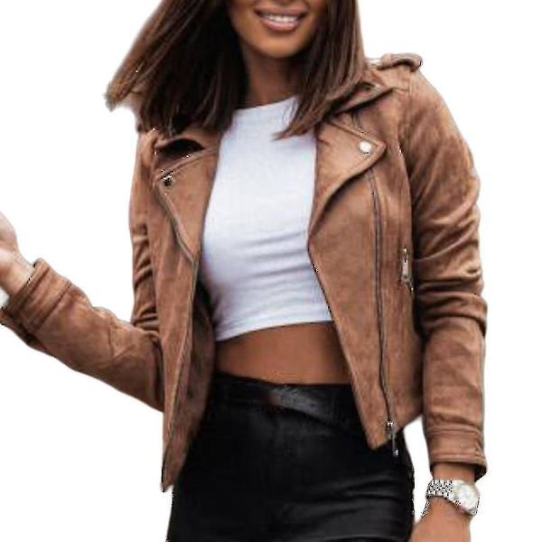 Damjacka i mocka med dragkedja, avslappnad motorcykeljacka för damer, kort kappa, ytterkläder - lian February8 Khaki M