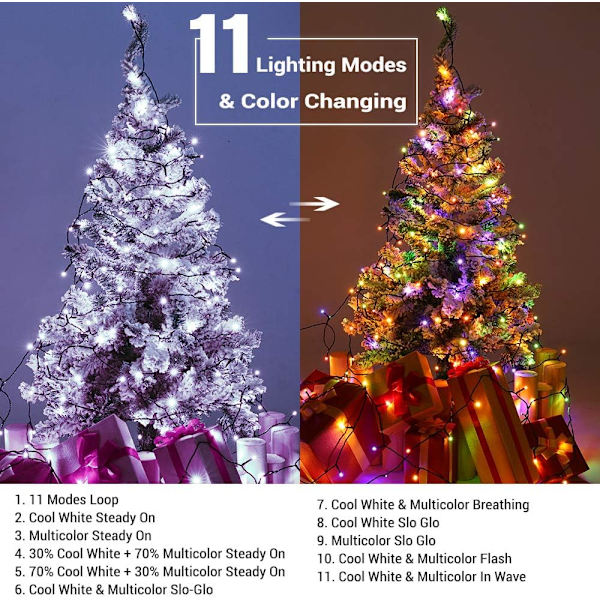 Julbelysning, 20 meter 200 LED Färgväxlande Trädbelysning 11-Funktioner Cool White & Multicolor 200 LED