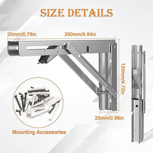 250mm Fällbart Konsol, Maxlast 80kg, Rostfritt Stål Fällbart Konsoljärn, Väggmonterat Hyllkonsol (2st)