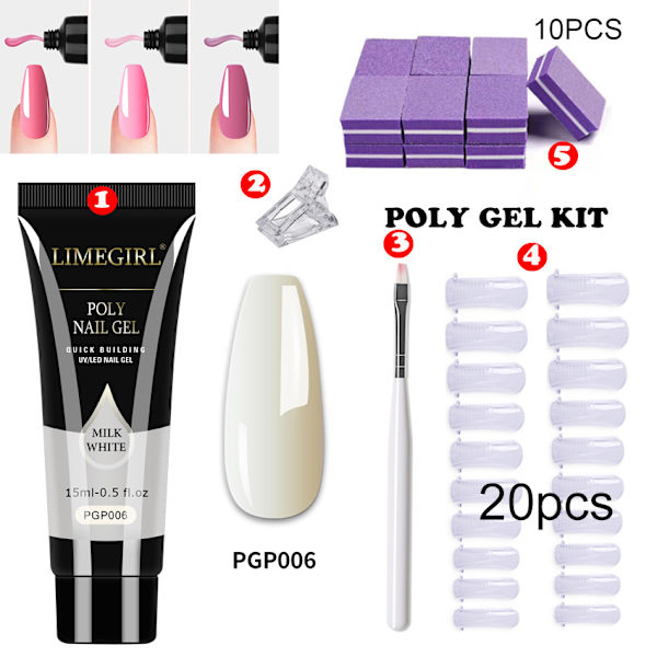 Poly Gel Nagelsats - Gel-förlängningsnagelsats Startpaket PGP006