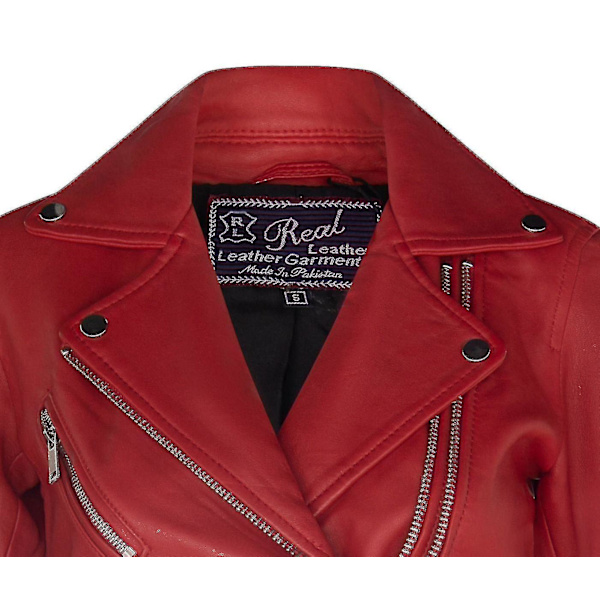 Dam Klassisk Biker Style Röd äkta skinnjacka XS