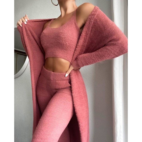 Warm Plush nattkläder set, långärmad huvklänning, väst och dragsko white M