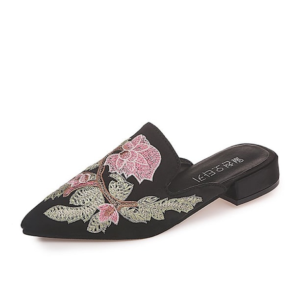 Broderade Mueller-tofflor med spetsiga plattbottnade Black 40