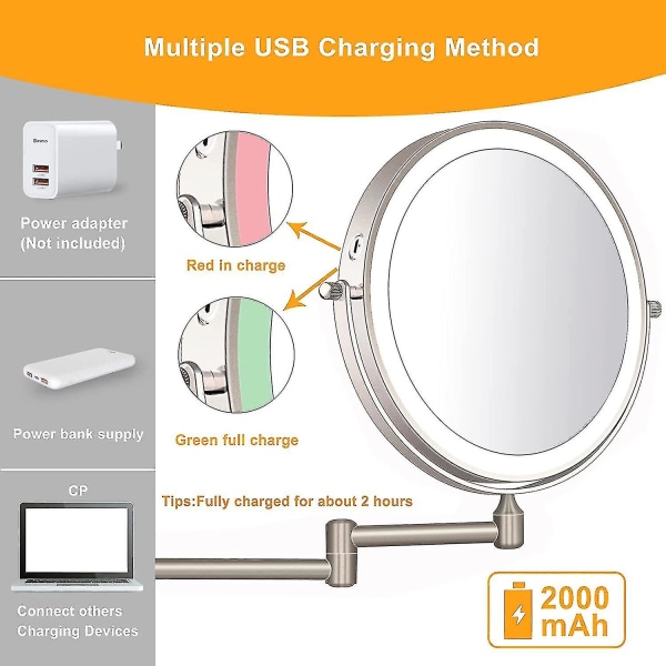 8 tums väggmonterad sminkspegel USB uppladdningsbar led 3 färglampor