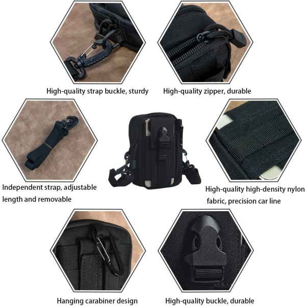 Taktiska Midjeväska, Universal Utomhus Midjeväska | Molle EDC Pou 6 Svart axelrem