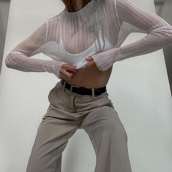 Gasa Hög Hals Texturerad Axelkant Långärmad T-shirt M