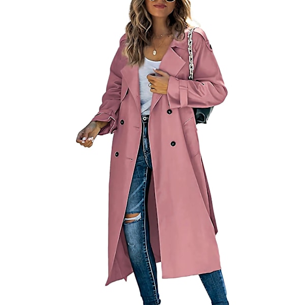 Elegant damtränchkåpa med dubbelknäppning för vinter och höst, perfekt matchning till höst- och vintermodet PINK M