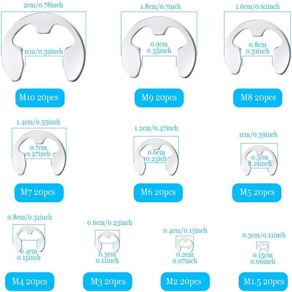 200st rostfritt stål E-Circlip Ring Kit, rostfritt stål E-Cli