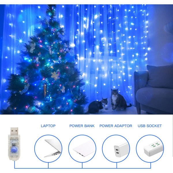 Gardiner med lampor för sovrum, 200 LED-lampor, hängande sträng, utomhus, vattentät Blue USB-200 LED